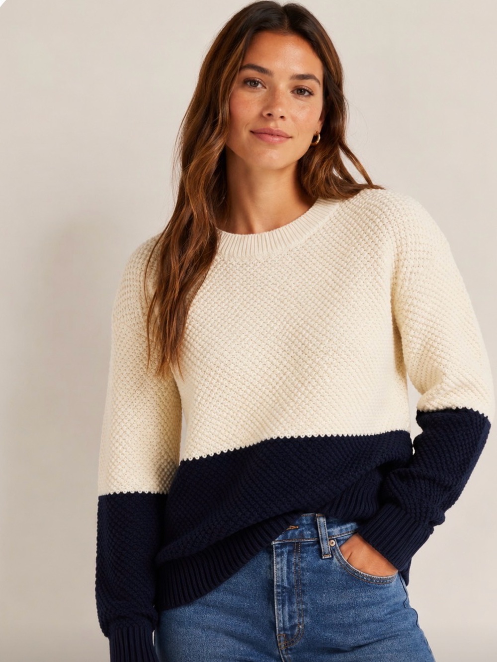 Banana Republic Cream and Navy Crewneck Colorblock Sweater